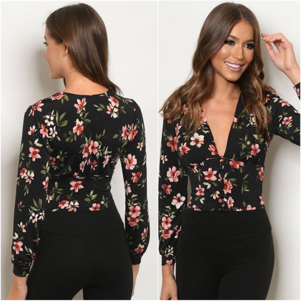 New Women’s Sexy V-neck Long Sleeves Black Cropped Blouse, Pretty Floral Print - Picture 3 of 4